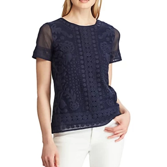 Ralph Lauren Navy Lace Embroidered top - Picture 1 of 12